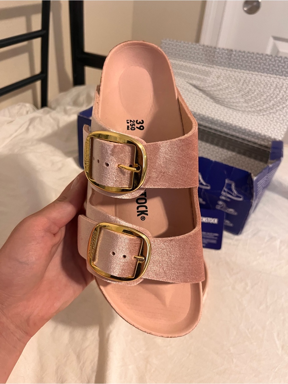 Birkenstock woman’s Arizona Sandals in Light Pink with Gold Buckles - Picture 2 of 8